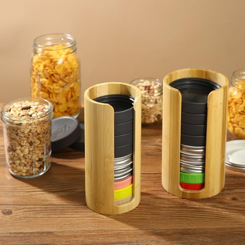 Mason Jar Lid Organizer, Wide & Regular Mouth Lids Holder (2pcs) | Mason Jar Lid Storage Made of Bamboo, Stackable Space-Saving Rack, Suitable for Mason/Canning/Bamboo Lids - style: Single-sided hole