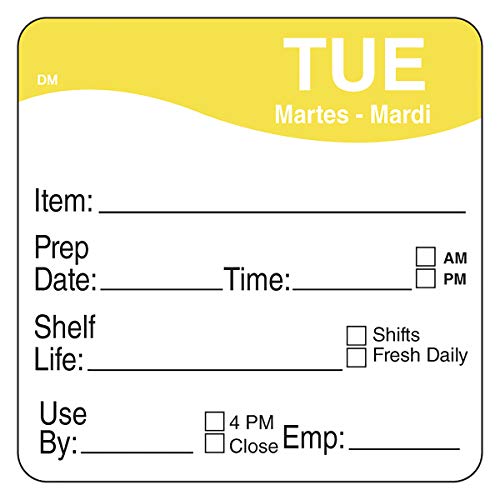 DayMark Safety Systems DissolveMark IT1122132 "TUE" Day of the Week Label, 2" x 2", Yellow, Roll of 250 - size: 2 x 2 inch, style: Tuesday