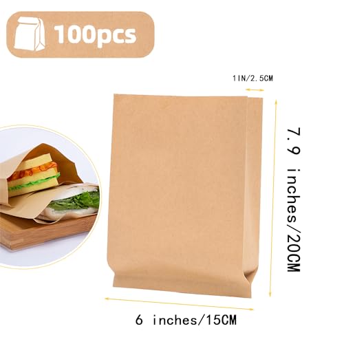 MYUBWTF 100 Pack Breakfast Paper Bags Deli Bags, 8 x 6 inch Kraft Dry Wax Paper Sandwich Bags, Waterproof & Grease-proof Paper Bags - color: 6*8IN