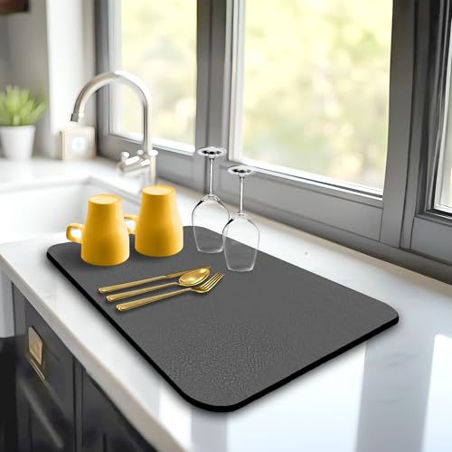 Dish Drying Mat Super Absorbent – 16" x 12" Coffee Mat for Countertops – Non-Slip Drying Mat for Kitchen Counter – Easy to Clean Water Absorbent Mat – Quick Dry Dish Drying Mats (Dark Gray) - color: Dark Gray, size: 16" x 12"