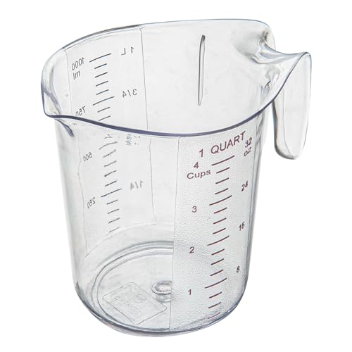 Restaurantware RW Base 1 Quart Measuring Jar 1 Durable Measuring Beaker - Metric And Imperial Units V-Shaped Spout Clear Plastic Measuring Cup Handle With Thumb-Grip Tolerates Up To 248F - color: Clear, size: 6.50" × 4.75" × 6.00"