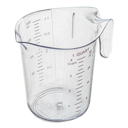 Restaurantware RW Base 1 Quart Measuring Jar 1 Durable Measuring Beaker - Metric And Imperial Units V-Shaped Spout Clear Plastic Measuring Cup Handle With Thumb-Grip Tolerates Up To 248F - color: Clear, size: 6.50" × 4.75" × 6.00"