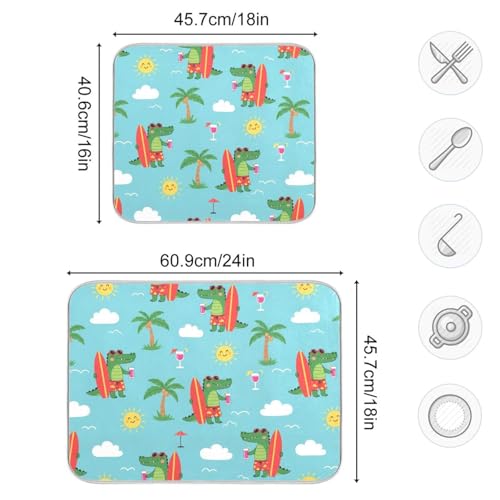 Crocodile Palm Trees Dish Drying Mat for Kitchen Counter Super Absorbent Draining Mat with Non-slip Backed Dishwashing Mat for Dish Cups Bowl Bottles Countertops Sinks Draining Racks