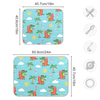 Crocodile Palm Trees Dish Drying Mat for Kitchen Counter Super Absorbent Draining Mat with Non-slip Backed Dishwashing Mat for Dish Cups Bowl Bottles Countertops Sinks Draining Racks