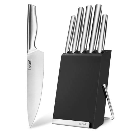 hecef 6-Piece High Carbon Stainless Steel Knife Set with Tablet & Recipe Holder, Hands-Free Adjustable Stand, Ergonomic Hollow Handles, Gift-Ready Block, Silver - style: 6 PCS