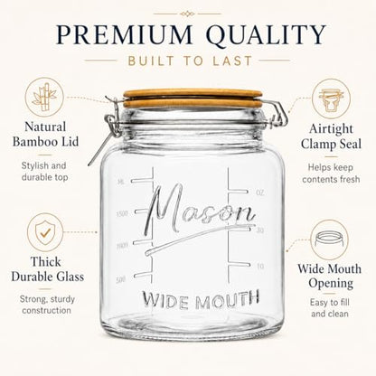 kitchentoolz 64 oz Mason Jars Wide Mouth with Airtight Lids – Set of 4 Half Gallon Glass Jar with Lid – Large Mason Jars with Lids for Kitchen Pantry, Storage, and Canning - size: 4-pack