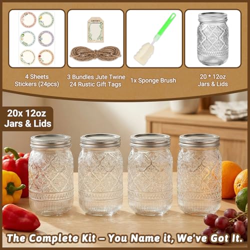 STARSIDE 12oz Glass Embossed Mason Jars 20-Pack with Airtight Split Lids | Regular Mouth Canning Jars for Jams, Honey, Pickling, Fermenting, Meal Prep, Spices, Food Storage, Favors & DIY Projects - color: Clear04-12oz
