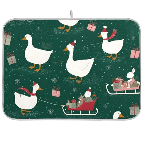 Christmas Geese Pattern Dish Drying Mat for Kitchen Counter Super Absorbent Drying Mat 16x18 inch Large Dish Drying Matts for Countertop Protector Dishes Pad - color: Christmas Geese Pattern, size: 16" x 18"