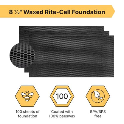 Mann Lake 8 1/2" Waxed Rite-Cell Foundation, Easy Install Bee Hive Frames, Durable & Bee Friendly Brood Chamber Essential, Withstands Heavy Extracting, Case of 100, Black - color: Black
