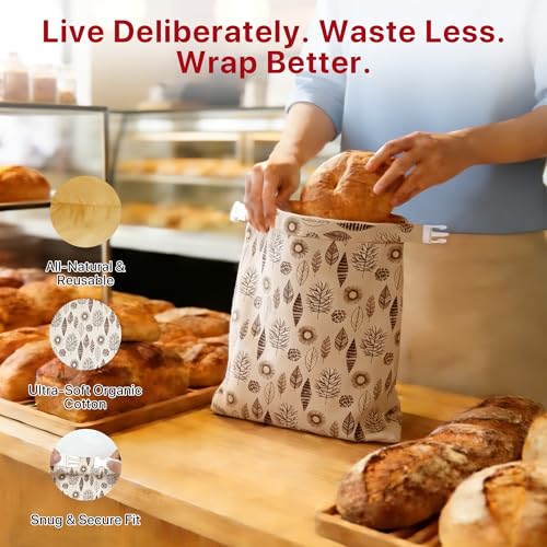 Reusable Beeswax Bread Bags Sourdough - Large Linen Bees Wax Bag for Storage Homemade Loaf - Cotton and Waxed Wrap Lined Container Lined for Sour Dough Fresh Food - Sealable Bread Keeper 2PK Set Gifts
