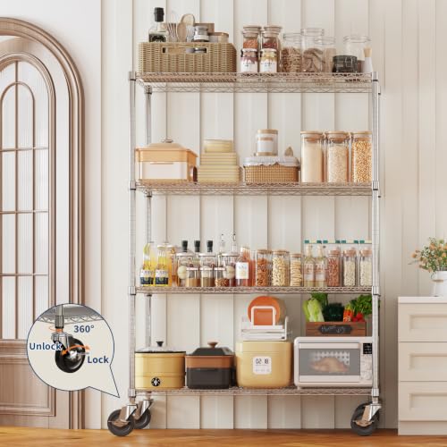 Garvee 4-Tier Wire Shelving with Wheels, Metal Storage Shelves Heavy Duty 1760LBS, Chrome Plating, NSF, Adjustable Utility Shelf Rack for Kitchen, Garage, Pantry, Commercial, 47.2" Wx17.7 Dx70.9 H - size: 17.72"D x 47.2"W x 70.9"H - 4 Tier