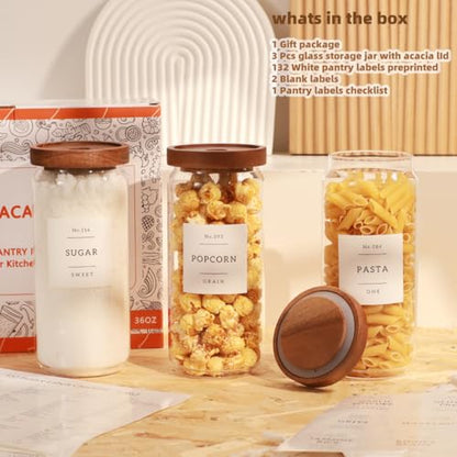 3 Pack Glass Canisters with Airtight Acacia Lids and 132 Kitchen Pantey Labels Preprint - 36 Fl OZ Borosilicate Glass Pantry Storage Jars Containers with Wooden Lids for Tea,Sugar,Cookie,Pasta,Candy - size: 36oz-3 Pack