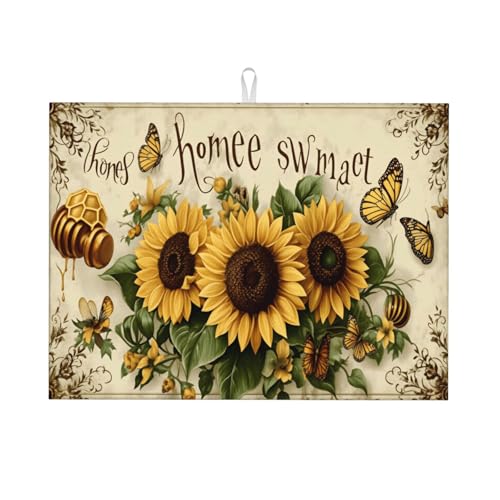 Sunflower Honeycomb Butterflies Vintage Floral Art Large Dish Drying Mat For Kitchen Counter 18x24 Inch, Reversible Drainer Pad With Hanging Loop For Coffee Bar, Pots - color: Sunflower Honeycomb Butterflies Vintage Floral Art 4