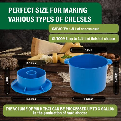 Cheese Mold for Cheese Making Cheese with Follower 1/2 gal Blue - Cheesemaking Supplies - Cheese Form Mold - Cheese Making Basket - Molde Para Queso Casero - Cheese Press Mold - Maker Mold Cheese