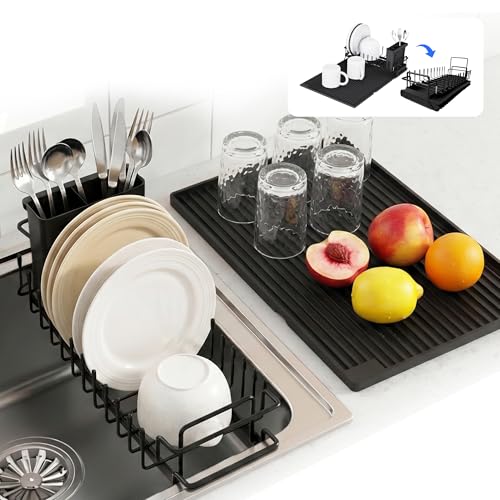 Expandable & Collapsible Dish Drying Rack for Over The Sink and in Sink, Stainless Steel with Silicone Drip Tray, Space Saving Adjustable Dish Rack for Small Kitchen, Apartment & RV