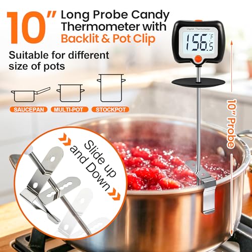 10 Inch Long Digital Candy Thermometer with Pot Clip,Deep Fry Thermometer,Rotating Display, Best Instant Read Food Meat Thermometer for Candy Making or Deep Frying - color: Black Digital Thermometer
