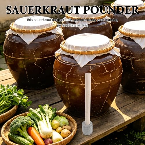 Sauerkraut Tamper: Wooden Handle Vegetable Tamper with Granite Pestle Head - Food Masher Sauerkraut Pounder for Home Fermentation Pickling and Kimchi Making - size: 32.00X5.50X5.50CM