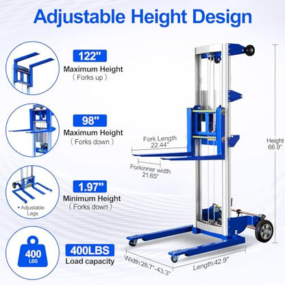 122" Material Lift Winch Stacker, 400 lbs Capacity Manual Material Lifts, Adjustable Straddle Material Lifter, Hand Winch Lift Trucks for Warehouse, Factory, Lightweight, 42.90" L x 43.30" W - color: Blue Adjustable Legs