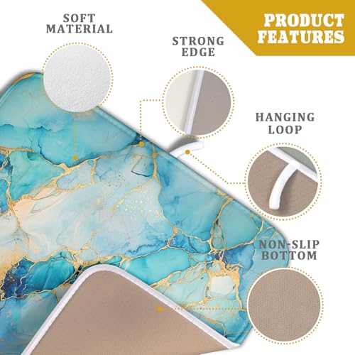 Marble Print Dish Drying Mat for Kitchen Counter,Blue Teal Turquoise Gold Drying Mat 16 x 18 Inch with Absorbent Reversible Microfiber Drying Pad for Coffee Bar - size: 16" x 18"