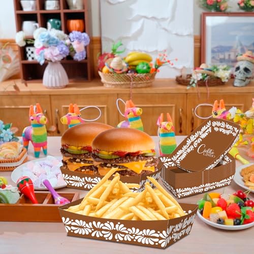No Folding Required 50 Pack 2Lb Cielito Lindo Party Decoration Mexican Snack Trays Platos De Barro Mexicanos Terracotta Clay Pottery Disposable Trays Nacho Popcorn Food Container for Mexican Party