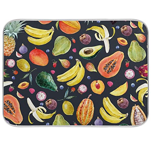 Colorful Fruit Dish Drying Mat for Kitchen Counter-18" x 16" inch Microfiber Dish Mat Absorbent Drying Pad Dish Drainer Mats for Countertop Heat-resistant and ECO Friendly - color: 16 Black Background Fruit, size: M