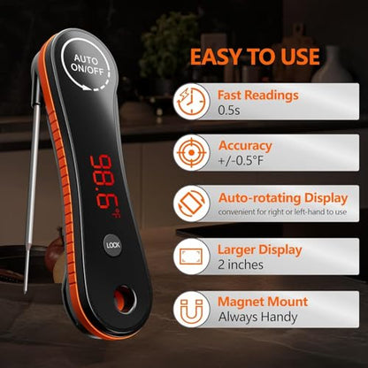 Paysean Meat Thermometer Digital Instant Read IP67 Waterproof for Cooking | Accurate Temperature Auto Rotating Backlit Display Ease Of Use for Grilling, BBQ, Candy