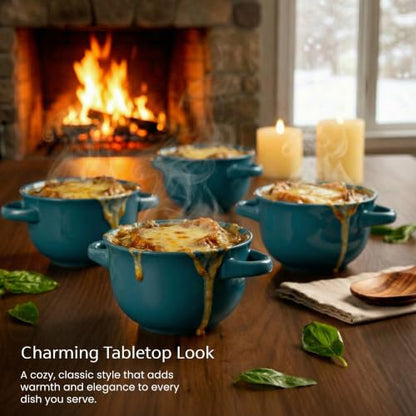KooK French Onion Soup Bowls, Crocks, Oven Safe Bowls, Soup Mugs, Ceramic Bowls, Dishwasher, Microwave, Set of 4, 18 oz (Teal) - color: Teal