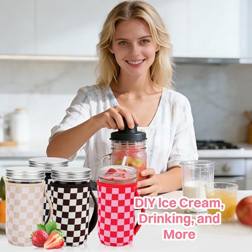 KJQJLY 4 Pcs Mason Jars Sleeves Neoprene 24oz Regular and Wide Mouth Mason Jar Sleeves Holder with Handle (Checkered, 24 OZ) - color: Checkered, size: 24 OZ