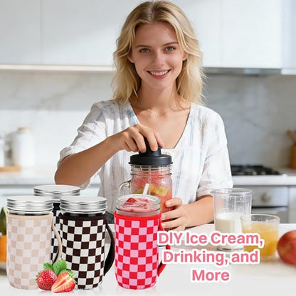 KJQJLY 4 Pcs Mason Jars Sleeves Neoprene 24oz Regular and Wide Mouth Mason Jar Sleeves Holder with Handle (Checkered, 24 OZ) - color: Checkered, size: 24 OZ