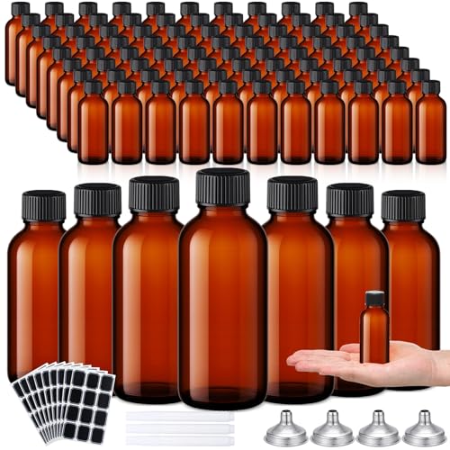 Hsei 100 Pcs 1 oz Amber Glass Boston Round Bottles with Black Cap Brown Sample Bottle Small Glass Containers with Lids and Funnel Chalk Labels Pen for Vanilla Extract Essential Oils - size: 1 oz