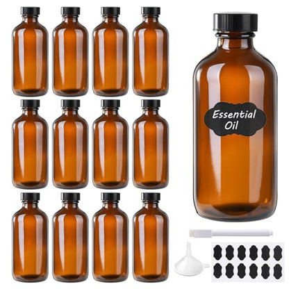 12 Pack 8 oz Amber Glass Boston Bottle With Black Poly Cap, Funnel, Chalk Labels, Pen, Dispensing Bottles for Homemade Vanilla Extract, Essential Oils, Herbal Medicine, Wedding Christmas Decor - size: 8oz 12Pack