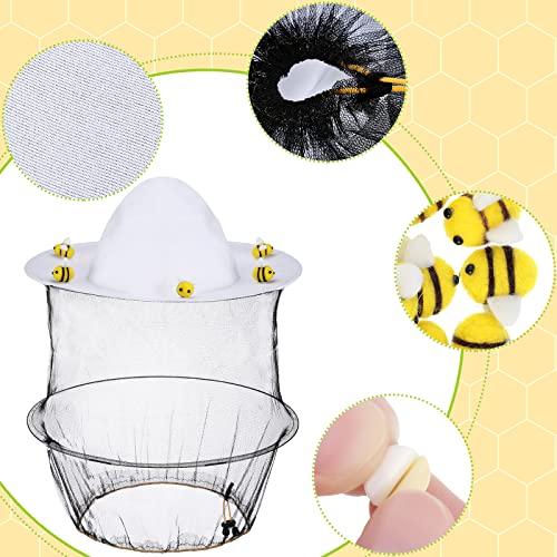 Unittype 22 Pcs Halloween Beekeeper Costume Set Including 2 Bee Keeper Hat and Veil, 10 Wool Felt Bee, 10 Round Double Sided Tape Beekeeper Helmet Bug Insect Hats with Netting for Men Women Adult