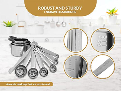 Stainless Steel Measuring Cups and Spoons Set 12 Piece Stackable Baking & Cooking Gadgets for Dry and Liquid Ingredients,Nesting Cups, Engraved Markings & Leveler,Dishwasher Safe Kitchen Tools