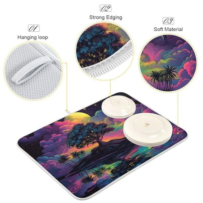 Palm Tree Colorful Dish Drying Mat for Kitchen Counter Super Absorbent Draining Mat with Non-slip Backed Dishwashing Mat for Dish Bottles Cups Bowl Draining Racks Countertops Sinks