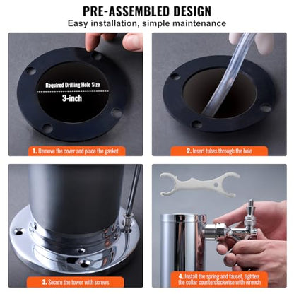 VEVOR Triple Taps Draft Beer Tower Dispenser, Stainless Steel Keg Beer Tower, Kegerator Tower Kit with Pre-Assembled Tubing and Self-Closing Faucet Shanks for Party, Bar, Pub, Restaurant - style: Triple Faucets