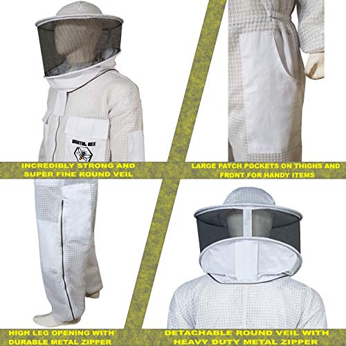 Brutul Bee 3 Layer Beekeeping Ultralight Ventilated Suit With Round Veil (WHITE, XL) - color: White, size: X-Large