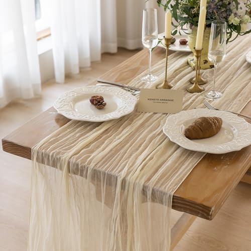 Keketoarrange 6pcs Beige Table Runner Sheer Table Runner Summer French Country Décor Rustic Gauze Bali Yarn Cheesecloth 120 Inch 10 FT Cheese Cloth for Wedding Baby Shower Bridal Shower Party - color: Beige, size: 6pcs 10ft