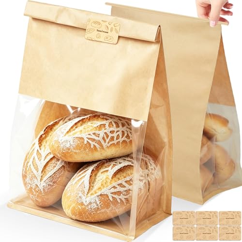 Extra Large Bread Bags for Homemade, 50 Count, 50% Thicker Sourdough Paper With Ties, 15.7 * 10.2 * 5.1 in, Tin Tie Tab Lock Bakery Bags With Window and Sealing Stickers for Storage Packaging Gifting - color: Print