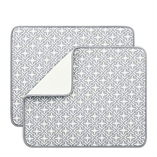 SUBEKYU Dish Drying Mats for Kitchen Counter, Microfiber Absorbent Dish Drainer/Rack Pads for Sink, 19.5*15.8 inch, Set of 2, Grey, leaf - color: Leaf Gray 2P 19.5*15.8