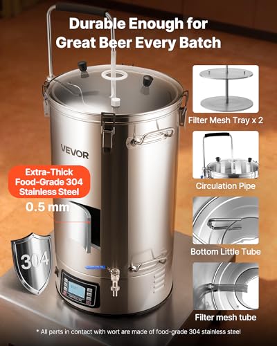 VEVOR Beer Brewing Equipment, 16 Gal/60L Beer Maker with Anti-Burn Pump and Wort Chiller,3000W All-in-One Home Brewing Kit with Digital Control, Recipe Memory & Timer, Removable mesh strainer - size: 16 Gal