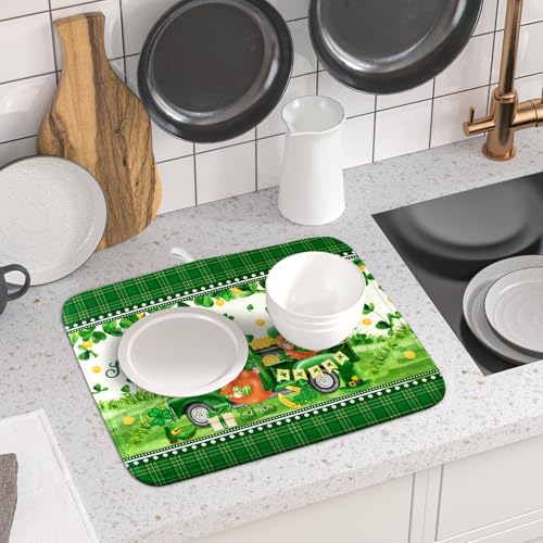 Shamrock Truck Dish Drying Mat Buffalo Check Dish Drainer Mat 16x18 inch Reversible Microfiber Quick Dry Rack Pad for Kitchen Counter Sink - color: Shamrock Truck Plaid, size: 16" x 18"