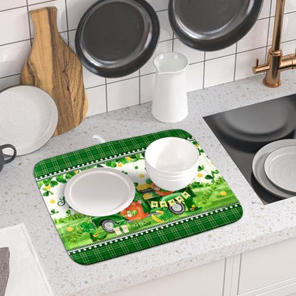 Shamrock Truck Dish Drying Mat Buffalo Check Dish Drainer Mat 16x18 inch Reversible Microfiber Quick Dry Rack Pad for Kitchen Counter Sink - color: Shamrock Truck Plaid, size: 16" x 18"