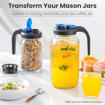 UPGRADED- Mason Jar Pour Spout Lids with Detachable Filters for Wide Mouth Mason Jars - 2 Pack Flip Top Pitcher Lids with Handle for Ball & Others- Airtight Seal Cover Cap, Dishwasher Safe, Food Grade