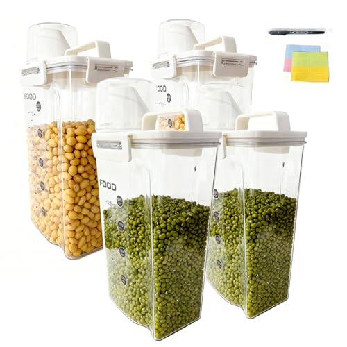 4-Pc Airtight Cereal Storage Containers Set(1.8L×2 & 2.5L×2), Cereal Containers Storage with Pour Spout & Measuring Cup, BPA-Free Plastic Canisters for Rice, Flour, Pet Food Kitchen Pantry