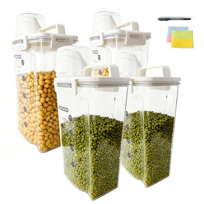 4-Pc Airtight Cereal Storage Containers Set(1.8L×2 & 2.5L×2), Cereal Containers Storage with Pour Spout & Measuring Cup, BPA-Free Plastic Canisters for Rice, Flour, Pet Food Kitchen Pantry