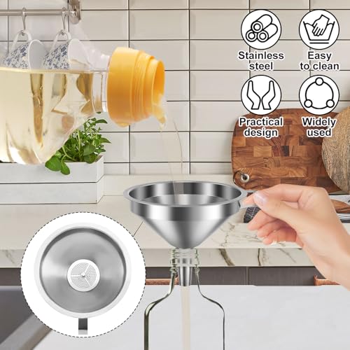 14 Pack Stainless Steel Funnels with 6 Fine Mesh Strainers, 4 Sizes 2.2-5.9 Inches Food Grade 304 Metal Kitchen Funnel Set for Filling Bottles, Oil, Jam, Juice, Wine, Milk, Powder, Canning - color: Silver 14pcs