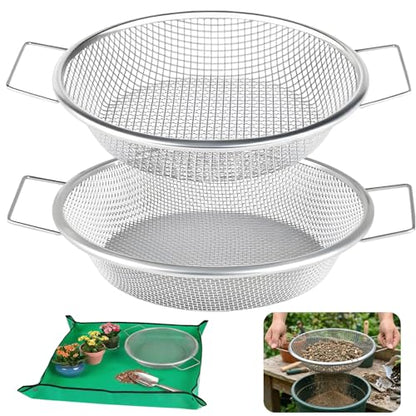 2PCS Soil Sifter for Gardening with Handle,Stainless Steel Rock Compost Soil Sifter for 5 Gallon Bucket,1/4in,1/8in Mesh Garden Sifting Screen Gravel Sawdust Vermicompost with Repotting Mat - size: 2-Piece Set (1/4", 1/8" Mesh)