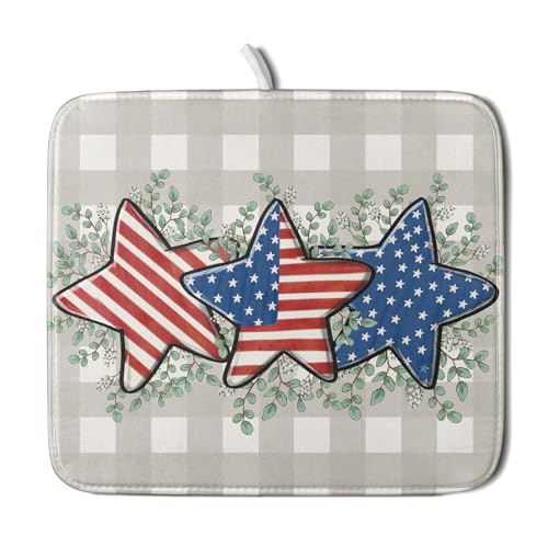 Patriotic Dish Drying Mat for Kitchen Counter Cute Stars 4th of July Holiday Absorbent Reversible Microfiber Kitchen Countertop Protector Dishes Pad Small 16x18 inch - size: 18" x 16"