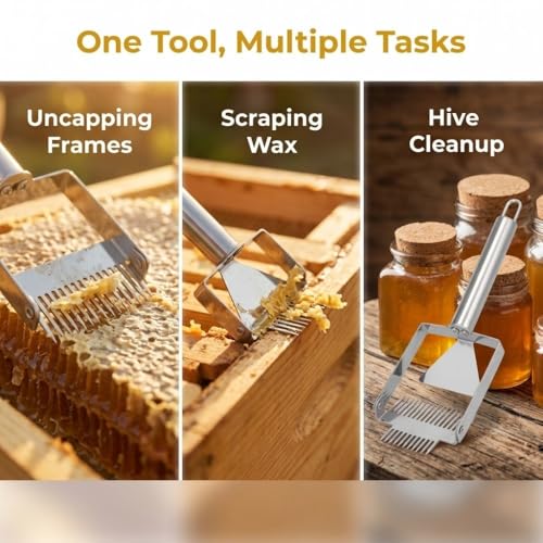 2-in-1 Double Head Honey Scraper, Stainless Steel Beekeeping Uncapping Tool with Wooden Handle for Honeycomb Processing(Metal Handle)