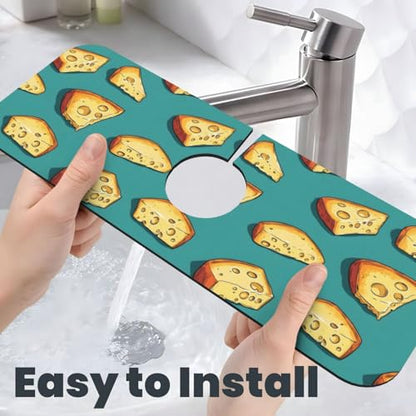 Cartoon Cheese Print Faucet Mat for Kitchen Sink, Absorbent Fast Drying Faucets Mat Splash Guard, Cute Kitchen Sink Mats for Around Faucet Draining